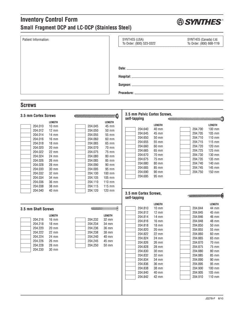 Synthes Small Frag Inventory  Form