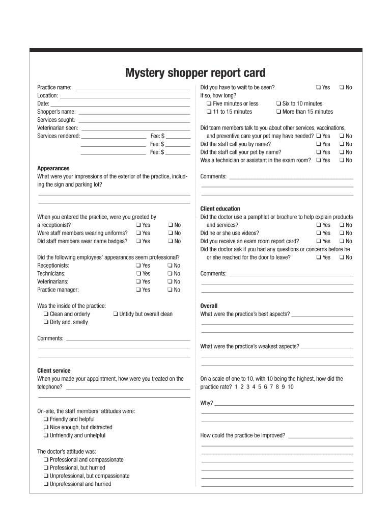 Mystery Shopper Report Card Dvm360com  Form