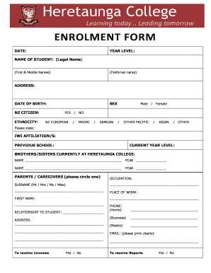  ENROLMENT FORM Heretaunga College Heretaunga School 2015