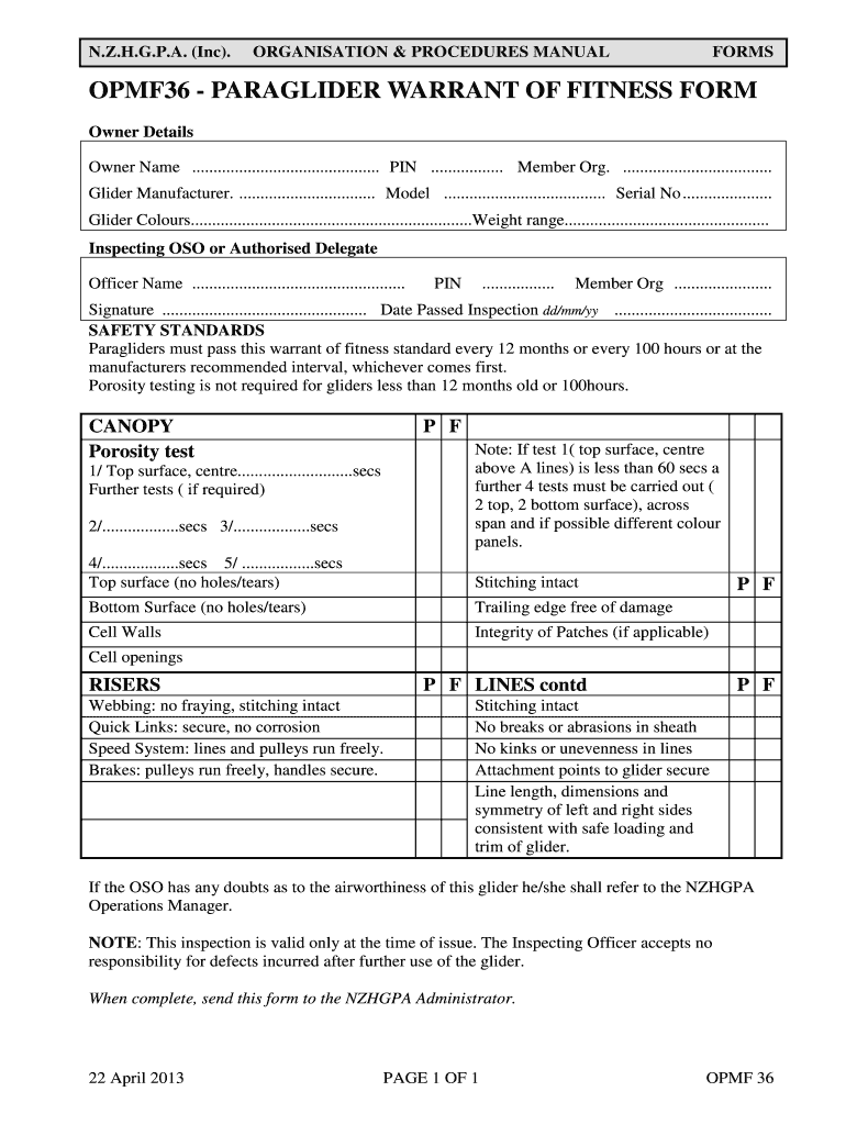  OPMF36  PARAGLIDER AW RRANT of FITNESS FORM  Db Nzhgpa Org 2013-2024