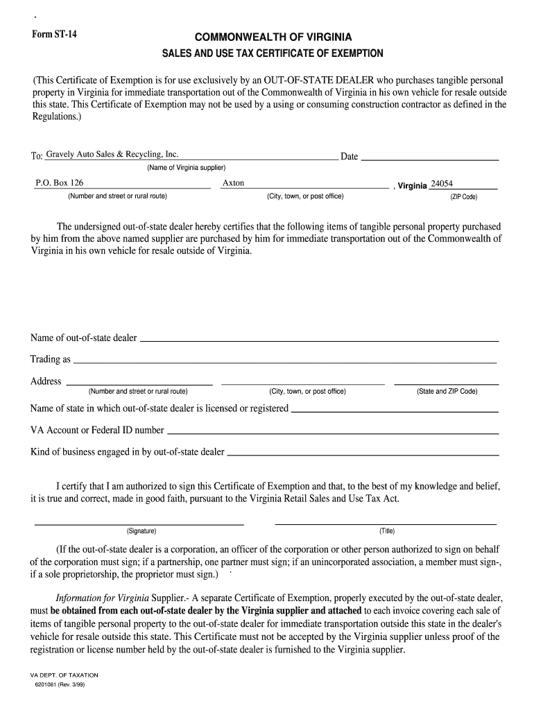  Form ST 14 Virginia Sales and BUse Tax Certificateb of Exemption PDF 1999-2024
