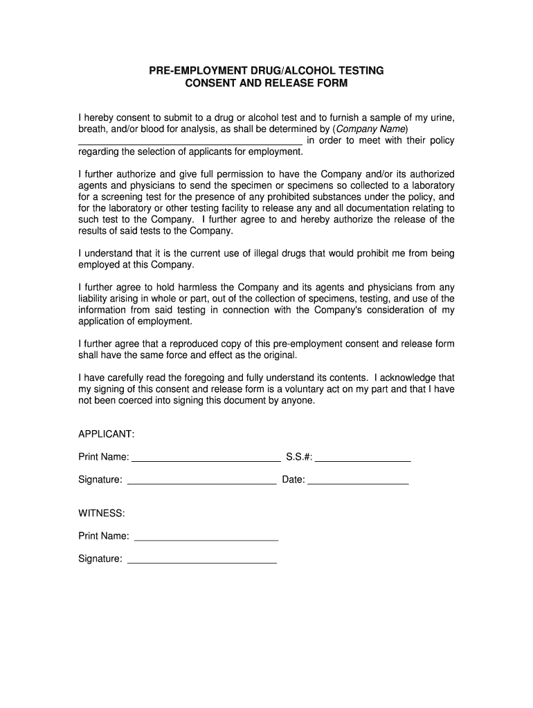 Pre Employment Drugalcohol Testing Consent and Release Form