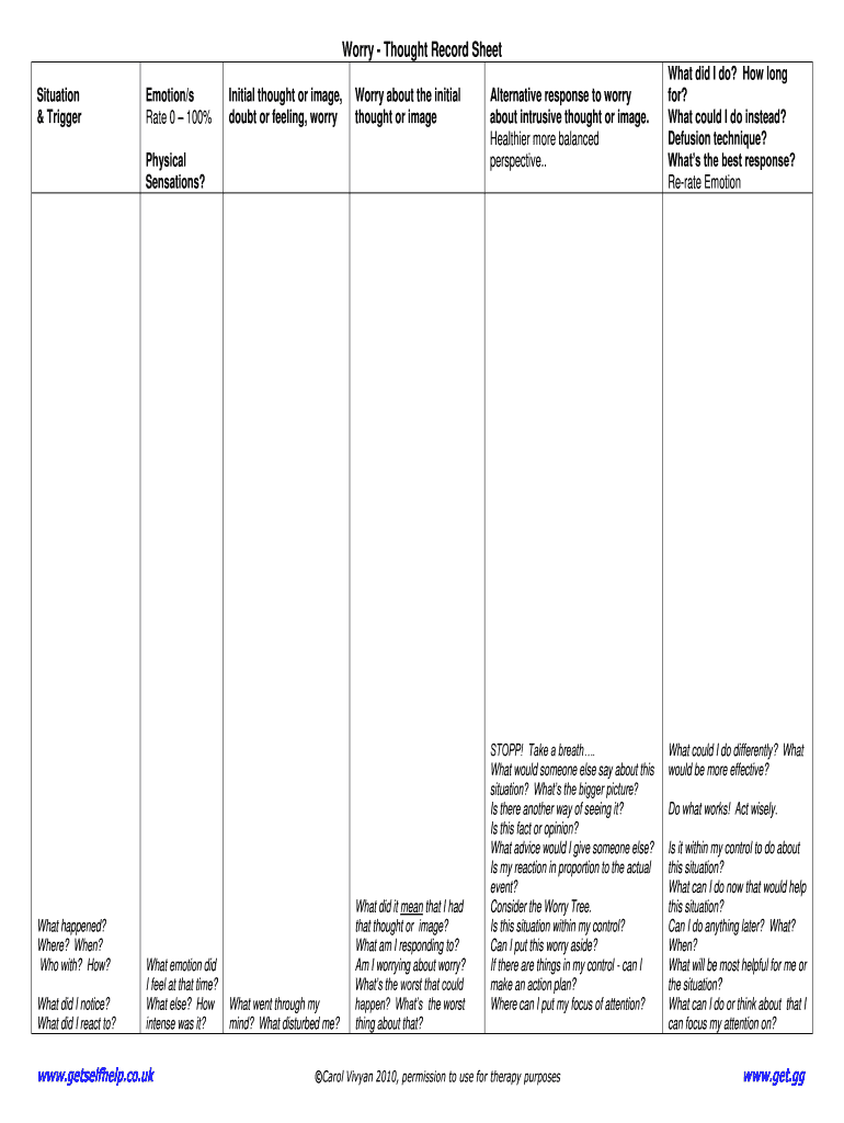 Worry Thought Record Sheet  Form