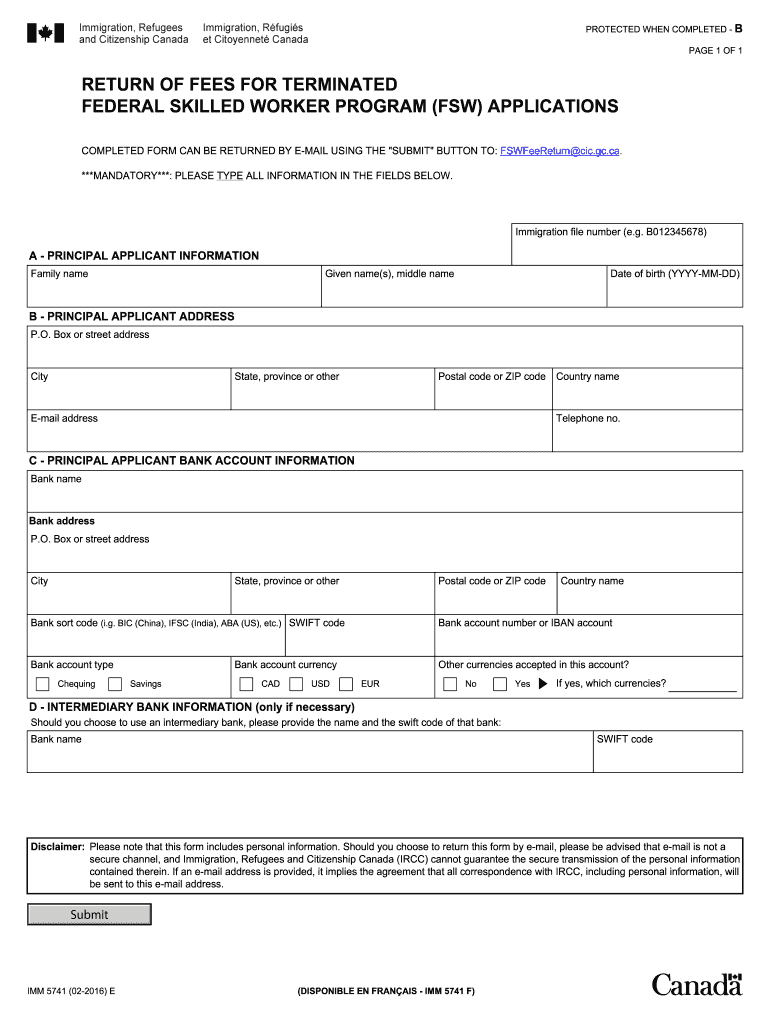  IMM 5741E Return of Processing Fee Right of Permanent 2016