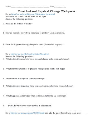 Chemical and Physical Changes Webquest Answer Key  Form