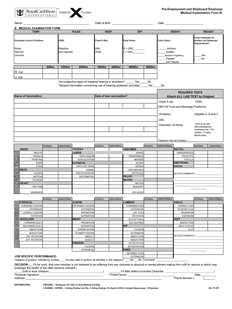 Pre Employment and Shipboard Employee Medical Examination Form B