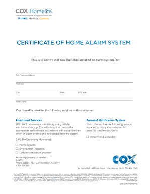 CERTIFICATE of HOME ALARM SYSTEM Cox Communications  Form