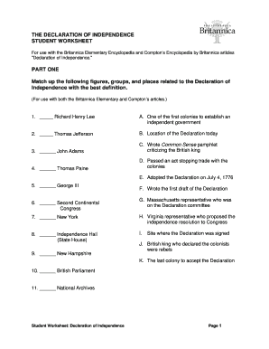 The Declaration of Independence Student Worksheet Britannica Answers  Form