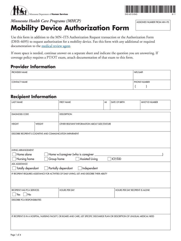  Minnesota Department of Human Services Mobility Device Authorization Form 2011-2024