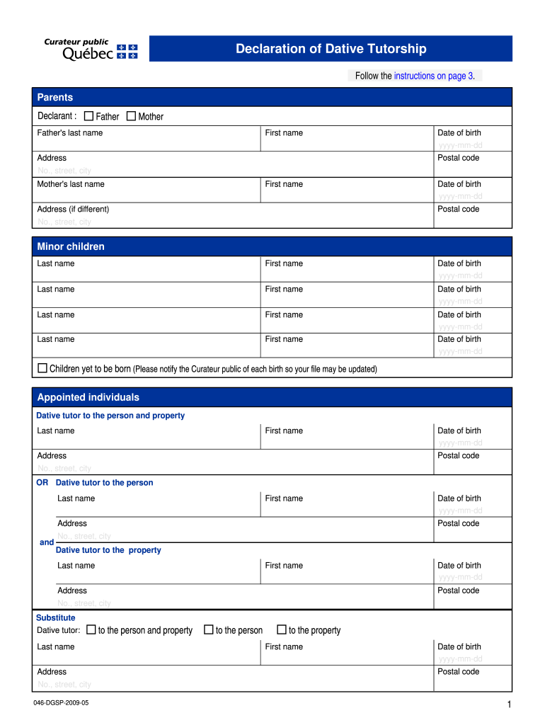 Declaration of Dative Tutorship Le Curateur Public Du Qubec  Form