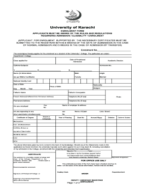 Enrollment Card Karachi University  Form