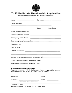 Martial Arts Membership Form