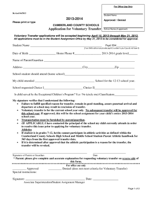 Cumberland County Schools Voluntary Transfer  Form