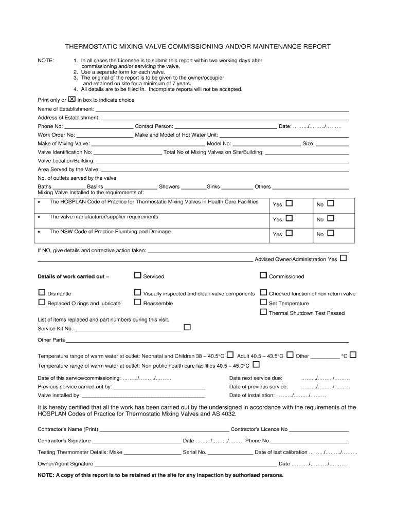 THERMOSTATIC MIXING VALVE COMMISSIONING ANDOR MAINTENANCE REPORT  Form