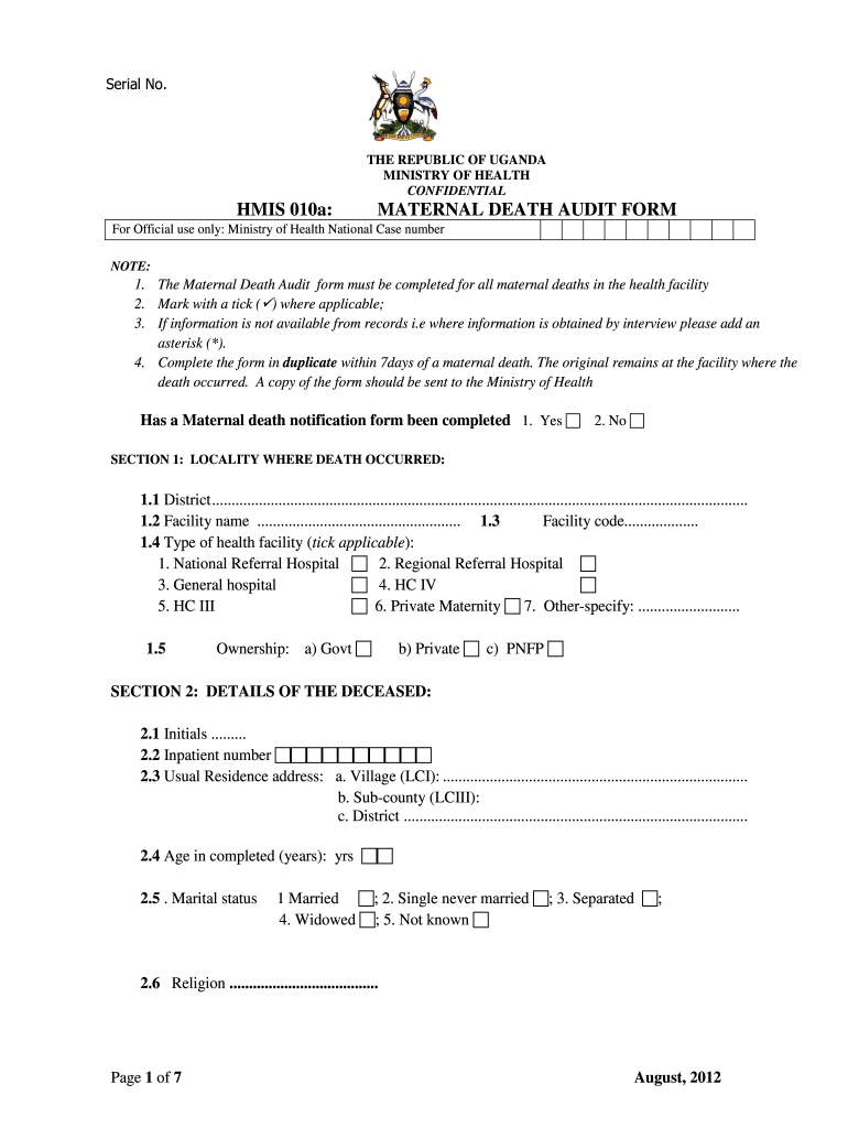 HMIS 010a MATERNAL DEATH AUDIT FORM Ministry of Health