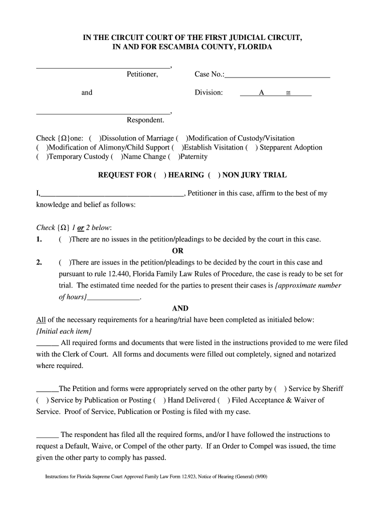  19 Request Hearing OrTrial Escambia DOC Florida Supreme Court Approved Family Law Form 12 902d 2000