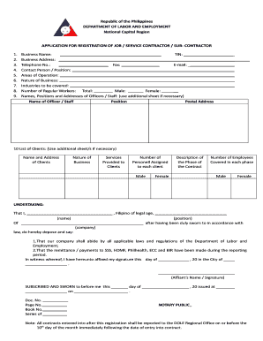 Application for Registration of Job Contractors Subcontractors  Form