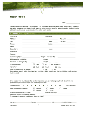 Ideal Protein Health Profile LifeStream  Form