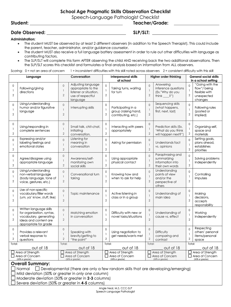 School Age Pragmatic Skills Observation Checklist Speech  Form