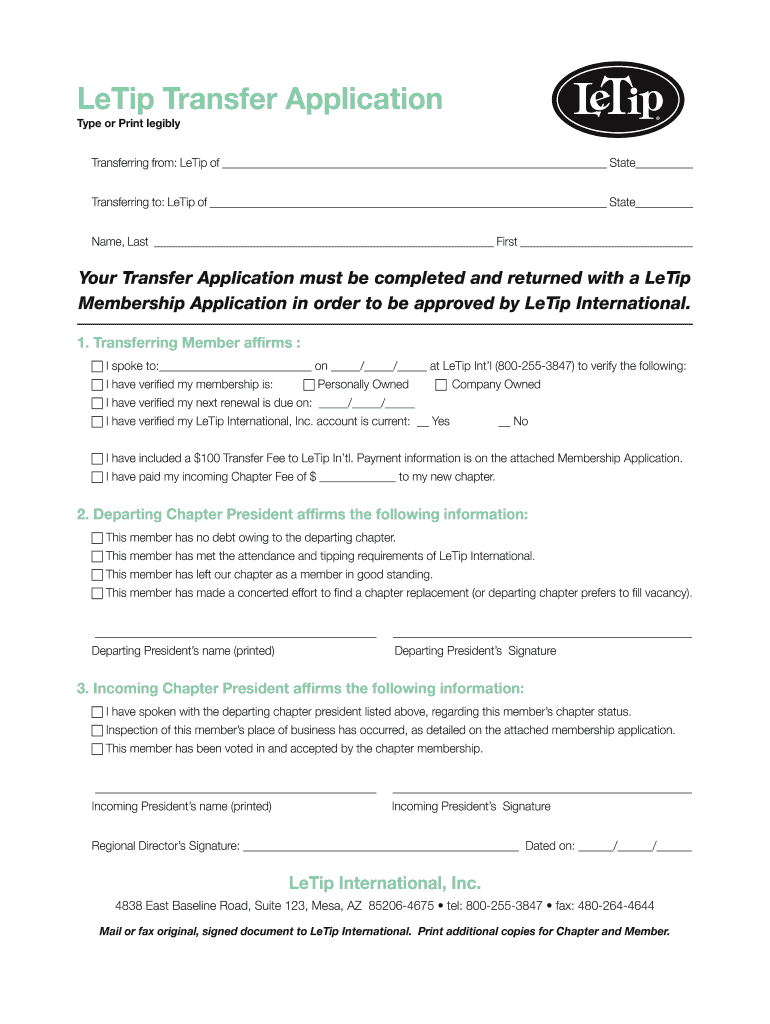 LeTip Transfer Application  Form