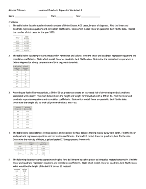 Quadratic Regression Practice Worksheet with Answers  Form