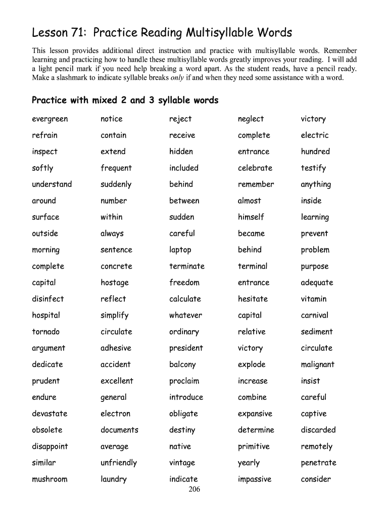 Multisyllabic Words Form Fill Out and Sign Printable PDF Template