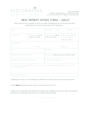 NEW PATIENT INTAKE FORM ADULT Restoration Health Clinic Restorationhealthclinic