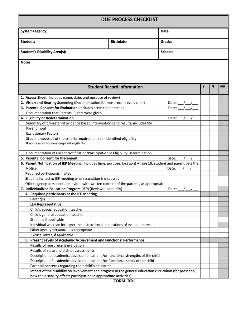 Form RR1 RR2 IEP Due Process Checklist BSchoolDeskb
