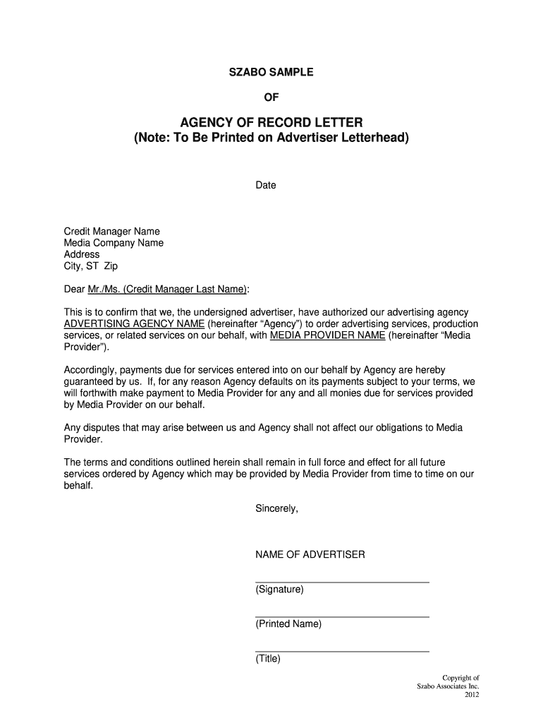 Agency of Record Letter  Form