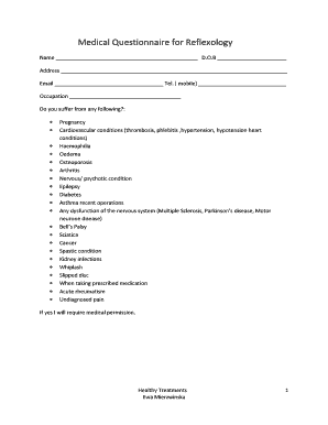 Medical Questionnaire for Reflexology Healthytreatments Co Uk Healthytreatments Co  Form