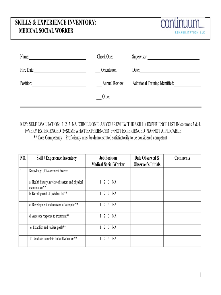 Medical Social Worker Skills Checklist Continuum Rehabilitation  Form