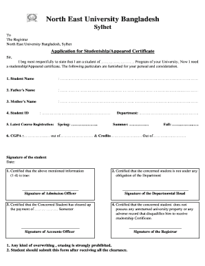 Application for Studentship Certificate  Form
