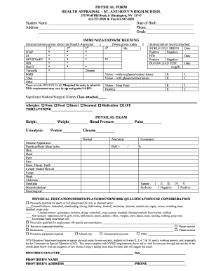 PHYSICAL FORM HEALTH APPRAISAL ST ANTHONYS HIGH SCHOOL Stanthonyshs