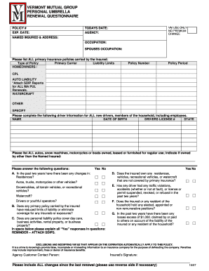 VERMONT MUTUAL GROUP PERSONAL UMBRELLA RENEWAL QUESTIONNAIRE  Form