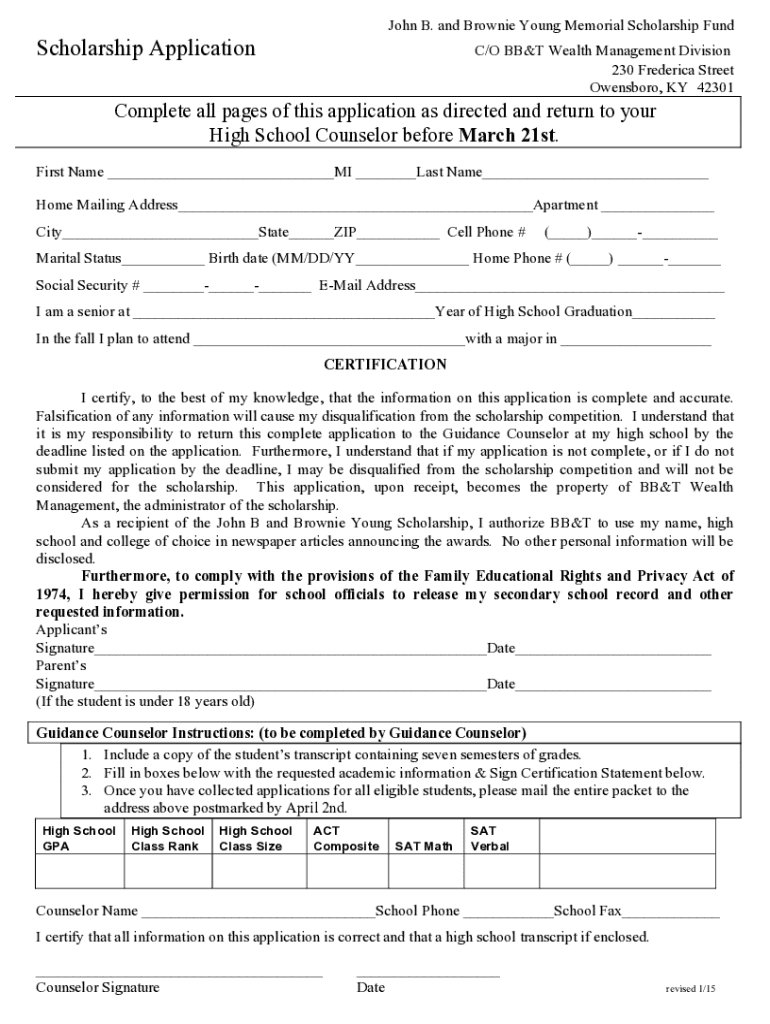 John B and Brownie Young Scholarship  Form