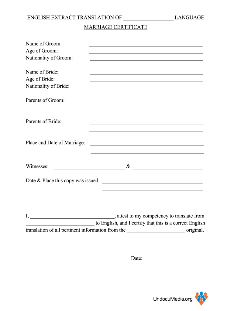 Marriage Certificate Translation Template  Form