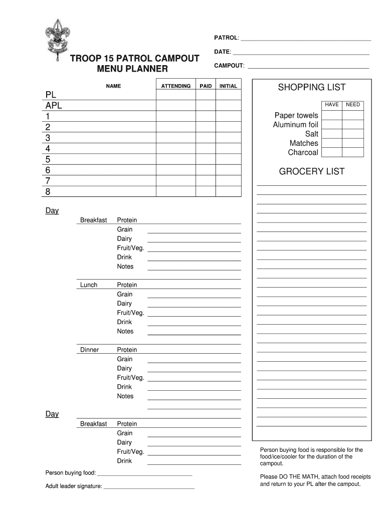 NAME ATTENDING PAID INITIAL SHOPPING LIST 1 2 3 4 5  Form