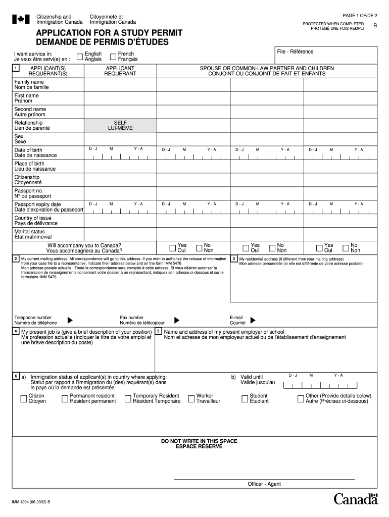 Form IMM 1294 Application for a Study Permit