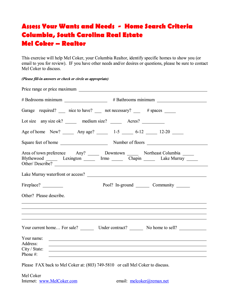 A Home Search Criteria Guide Form in PDF Format