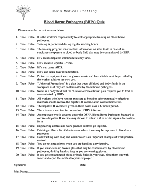 Bloodborne Pathogens Quiz Answers  Form