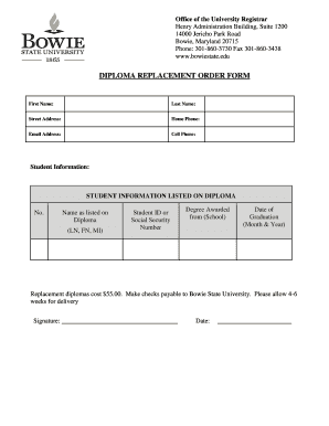 Bdiploma Replacementb Order Form Bowie State University Bowiestate