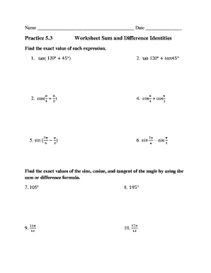 Sum and Difference Formulas Worksheet