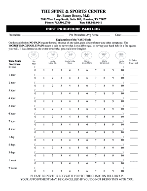 Post Procedure Pain Log the Spine and Sports Center  Form