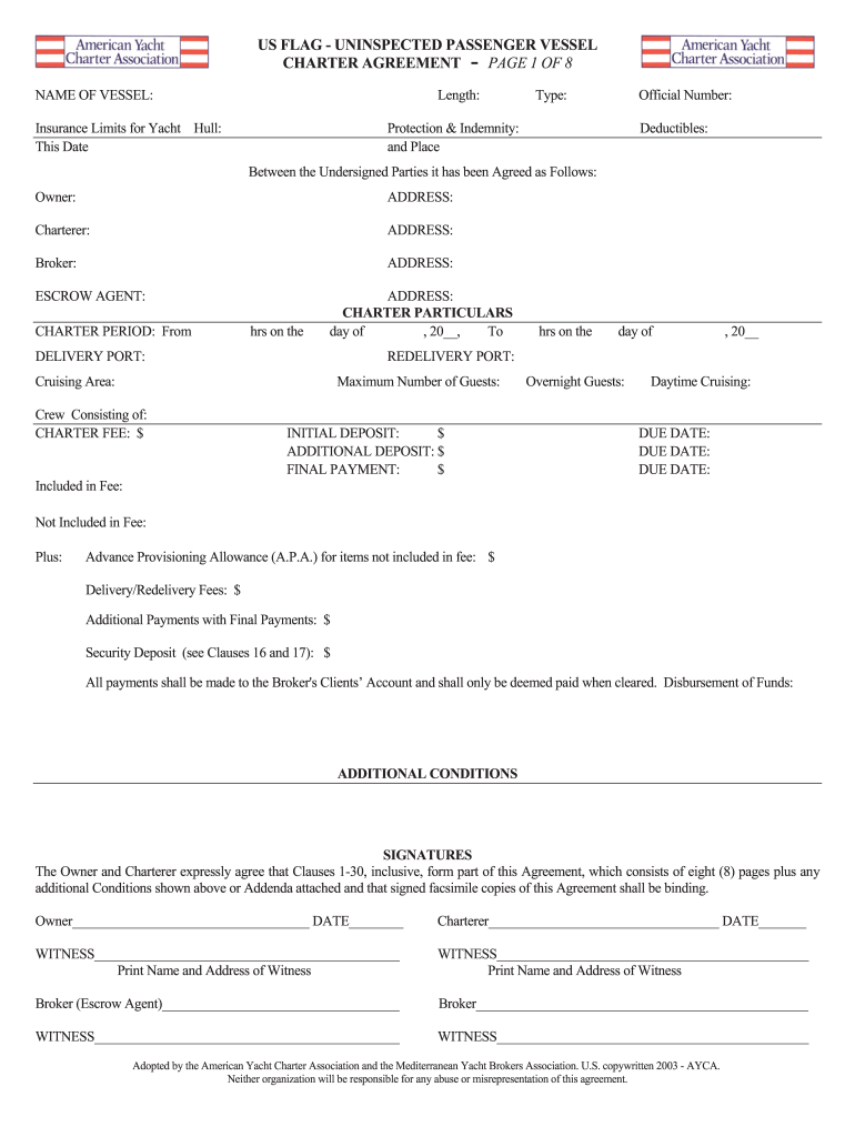 Uninspected Passenger Vessel Charter Agreement  Form