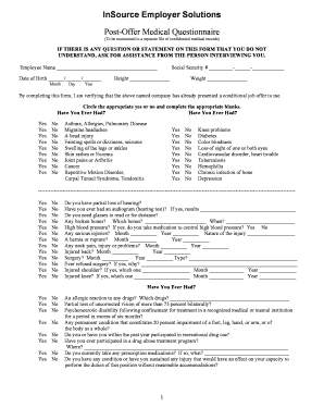 InSource Employer Solutions Post Offer Medical Questionnaire  Form