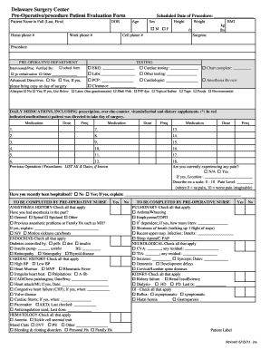 Pre Operative Anesthesia Health Form Delaware Surgery Center