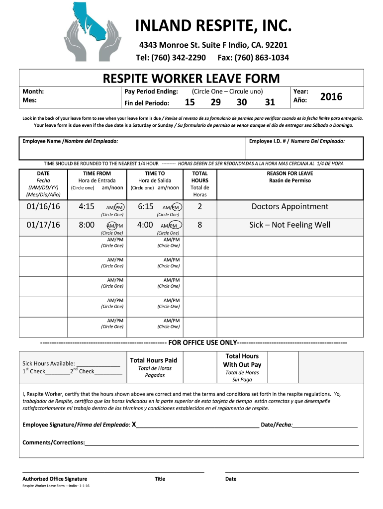 Inland Respite Timesheet  Form