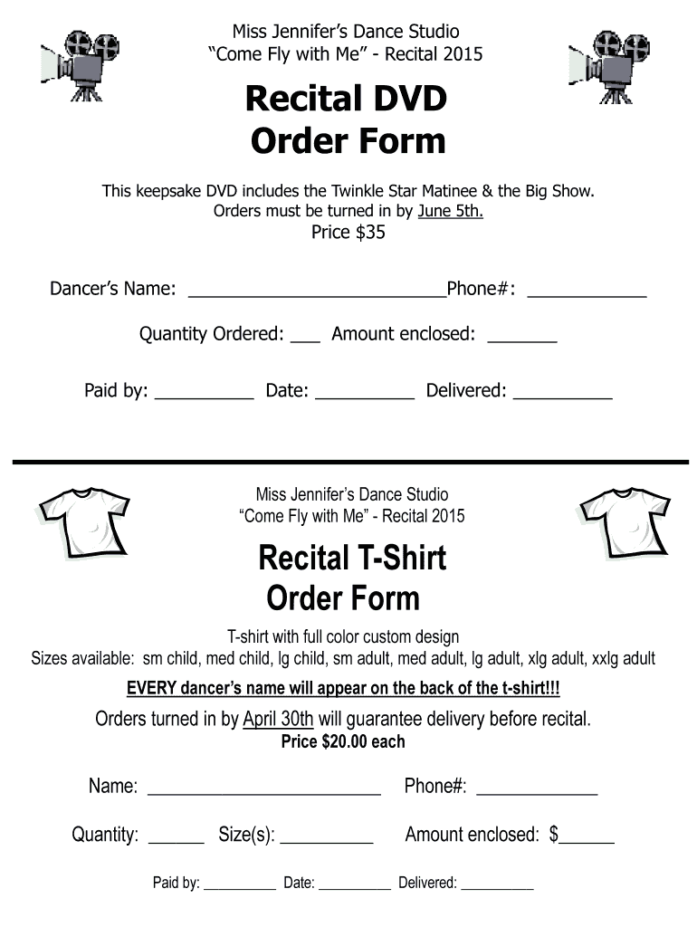 Recital DVD Order Form Recital T Shirt Order Form  Miss Jennifer&#39;s