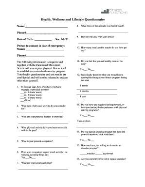 Fitness and Wellness Questionnaire  Form