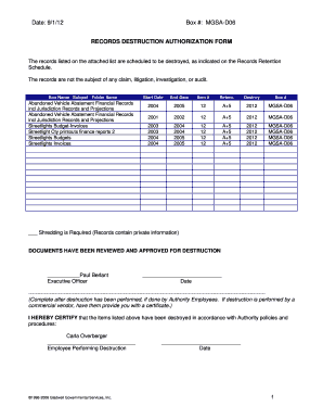 RECORDS DESTRUCTION AUTHORIZATION FORM